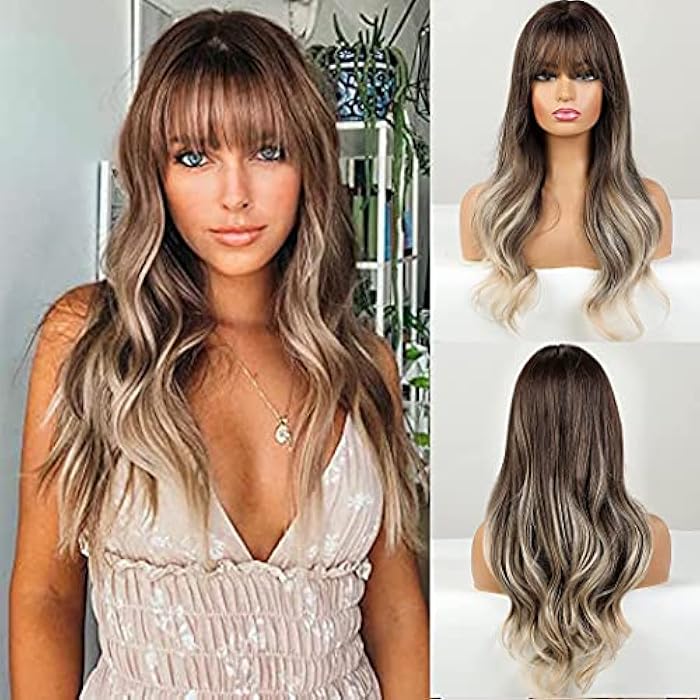 DILLARDS Tantako Long Brown Ombre Wig Brown To Ash Blonde Wig With Bangs For Women Heat Resistant Synthetic Brown Wigs (373 Brown Ombre) - Image 4